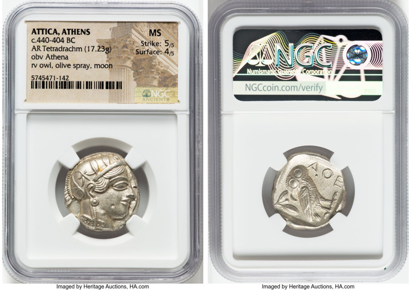 ATTICA. Athens. Ca. 440-404 BC. AR tetradrachm (23mm, 17.23 gm, 10h). NGC MS 5/5...
