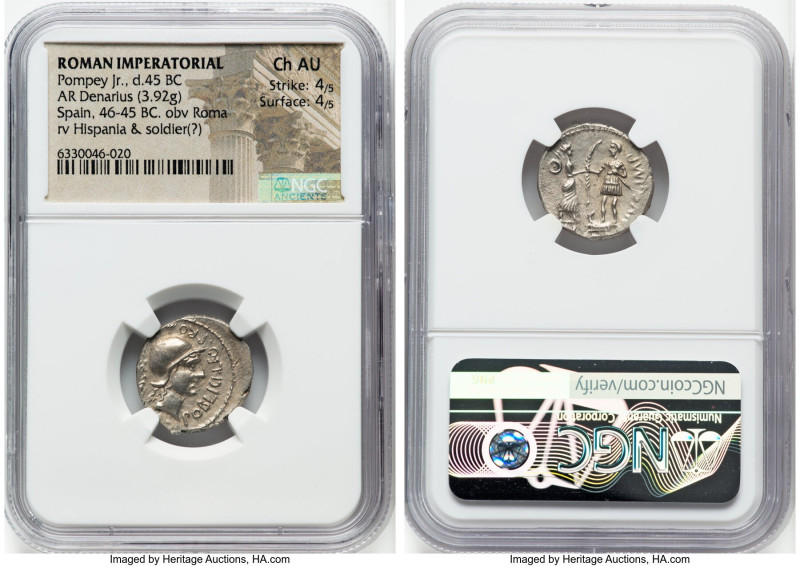 Cnaeus Pompeius Junior (46-45 BC). AR denarius (19mm, 3.92 gm, 6h). NGC Choice A...