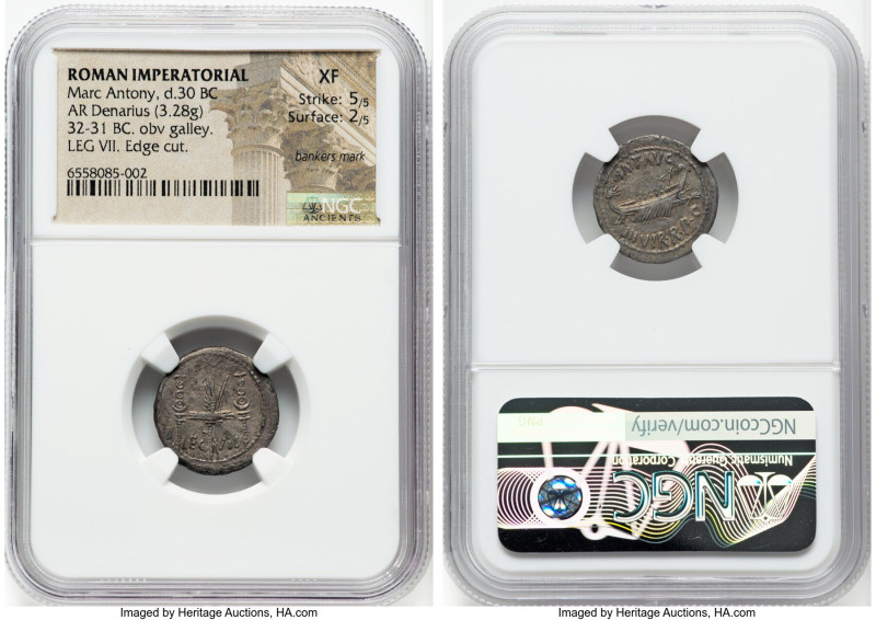 Marc Antony (43-30 BC). AR denarius (18mm, 3.28 gm, 5h). NGC XF 5/5 - 2/5, banke...