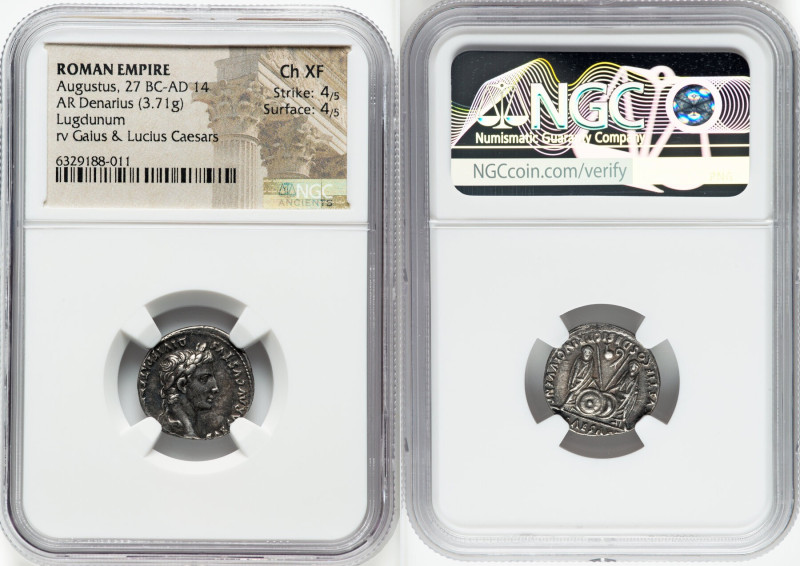 Augustus (27 BC-AD 14). AR denarius (17mm, 3.71 gm, 1h). NGC Choice XF 4/5 - 4/5...