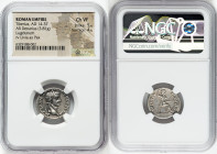 Tiberius (AD 14-37). AR denarius (19mm, 3.81 gm, 12h). NGC Choice VF 5/5 - 4/5. Lugdunum, ca. AD 15-18. TI CAESAR DIVI-AVG F AVGVSTVS, laureate head o...