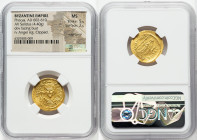 Phocas (AD 602-610). AV solidus (20mm, 4.40 gm, 8h). NGC MS 5/5 - 2/5, edge bend, clipped. Constantinople, 5th officina, AD 607-609. d N FOCAS-PЄRP AV...