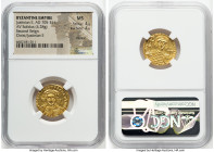 Justinian II Rhinotmetus, Second Reign (AD 705-711). AV solidus (19mm, 4.28 gm, 7h). NGC MS 4/5 - 4/5, clipped. Constantinople, AD 705-706. d N IhS Ch...