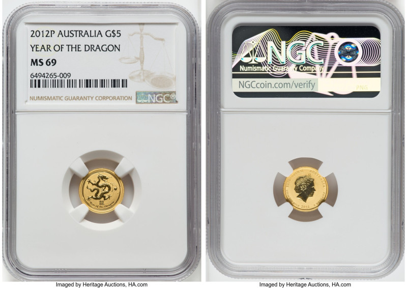 Elizabeth II gold "Year of the Dragon" 5 Dollars 2012-P MS69 NGC, Perth mint, KM...