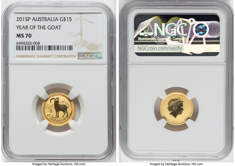 Elizabeth II gold "Year of the Goat" 15 Dollars 2015-P MS70 NGC, Perth mint. Lun...