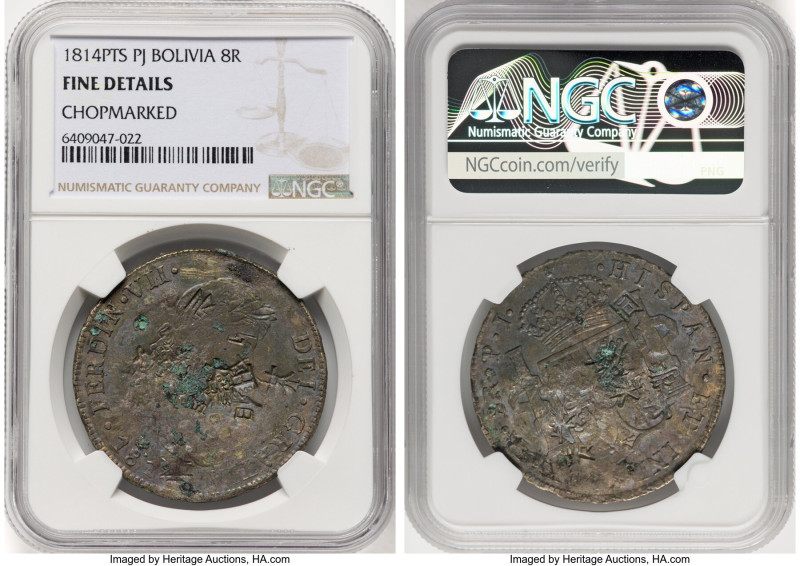 Ferdinand VII 8 Reales 1814 PTS-PJ Fine Details (Chopmarked) NGC, Potosi mint, K...