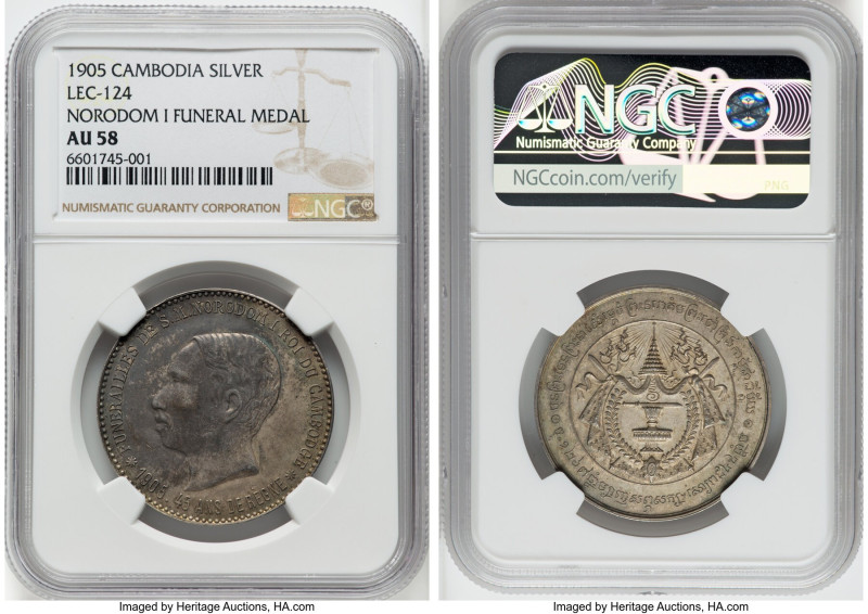Sisowath I silver "Norodom I Funeral" Medal (4 Francs) 1905 AU58 NGC, Lec-124. 3...