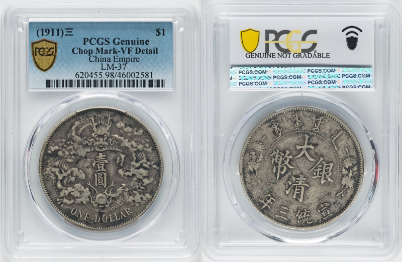 Hsüan-t'ung Dollar Year 3 (1911) VF Details (Chop Mark) PCGS, Tientsin mint, KM-...