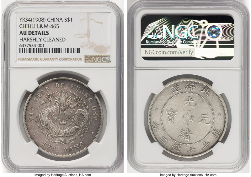 Chihli. Kuang-hsü Dollar Year 34 (1908) AU Details (Harshly Cleaned) NGC, Pei Ya...