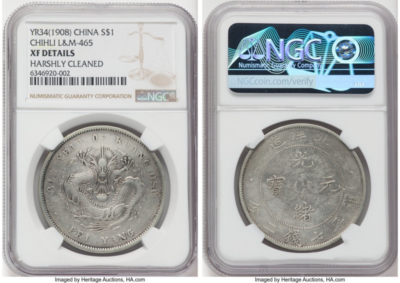 Chihli. Kuang-hsü Dollar Year 34 (1908) XF Details (Harshly Cleaned) NGC, Pei Ya...