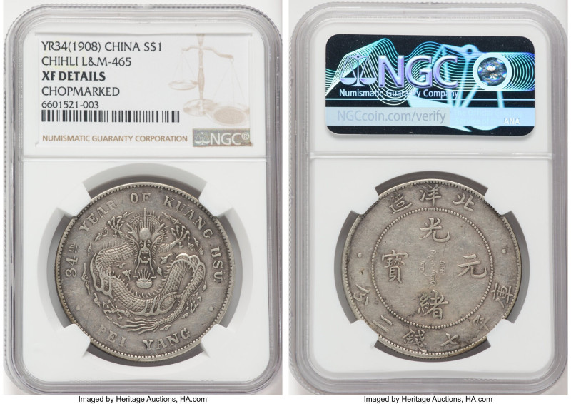 Chihli. Kuang-hsü Dollar Year 34 (1908) XF Details (Chopmarked) NGC, Pei Yang Ar...