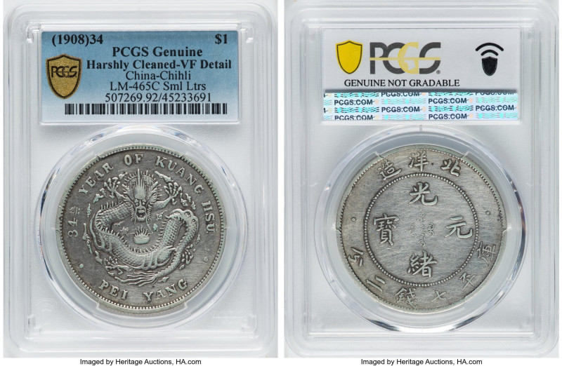 Chihli. Kuang-hsü Dollar Year 34 (1908) VF Details (Harshly Cleaned) PCGS, Pei Y...