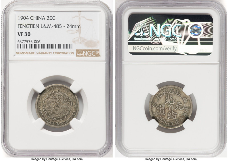 Fengtien. Kuang-hsü 20 Cents CD 1904 VF30 NGC, KM-Y91, L&M-485. 24mm. Eight rows...