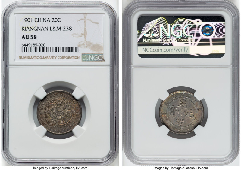 Kiangnan. Kuang-hsü 20 Cents CD 1901 AU58 NGC, KM-Y143a.6, L&M-238. Scales with ...