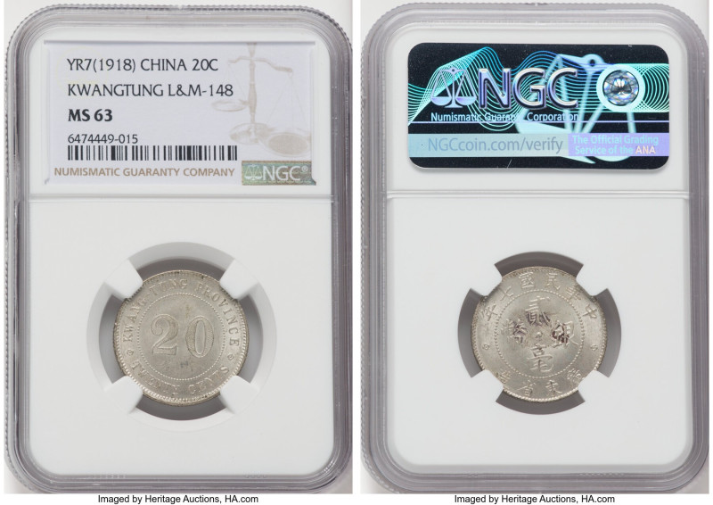 Kwangtung. Republic 5-Piece Lot of Certified 20 Cents NGC, 1) 20 Cents Year 7 (1...