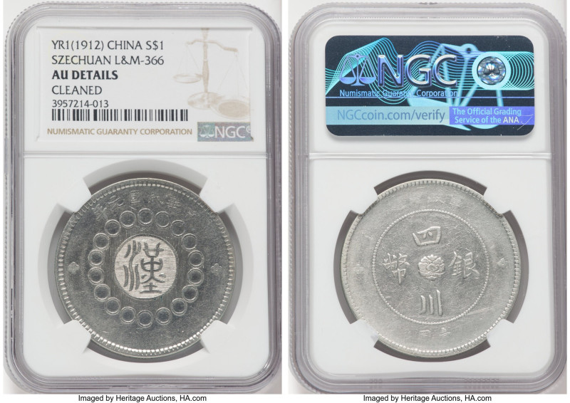 Szechuan. Republic Dollar Year 1 (1912) AU Details (Cleaned) NGC, KM-Y456, L&M-3...