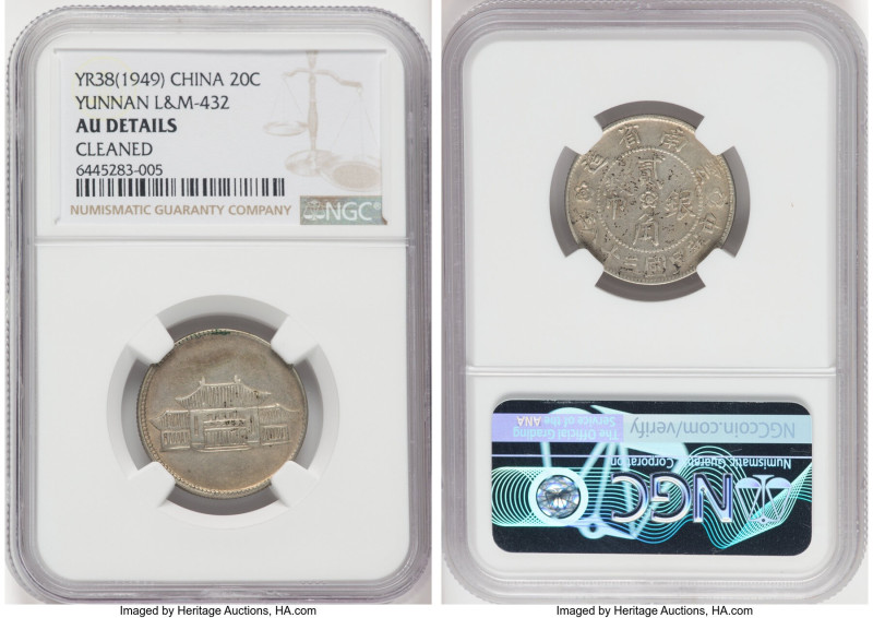 Yunnan. Republic 20 Cents Year 38 (1949) AU Details (Cleaned) NGC, KM-Y493, L&M-...