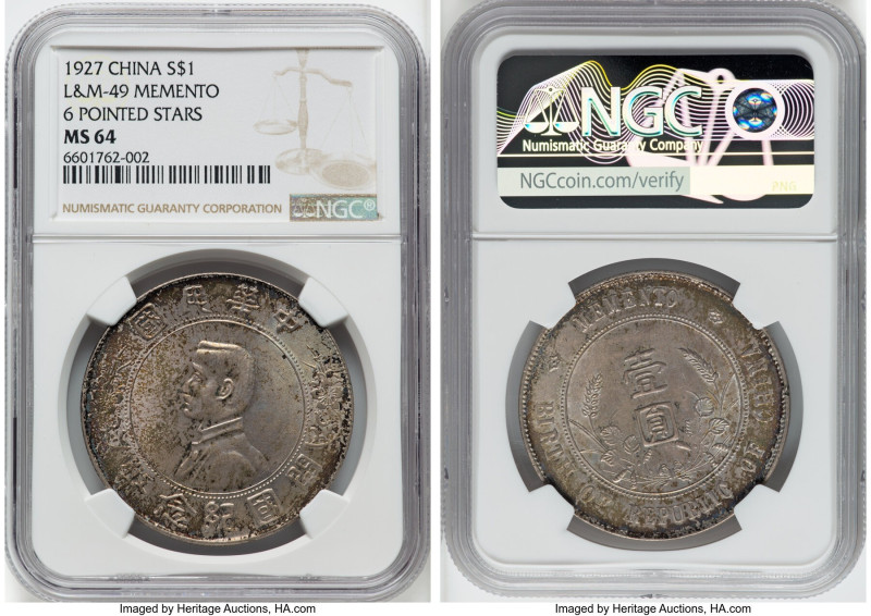 Republic Sun Yat-sen "Memento" Dollar ND (1927) MS64 NGC, KM-Y318a.1, L&M-49. Si...