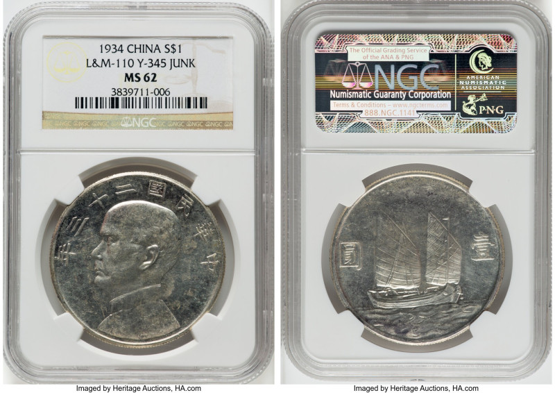 Republic Sun Yat-sen "Junk" Dollar Year 23 (1934) MS62 NGC, KM-Y345, L&M-110. Ab...