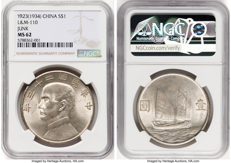 Republic Sun Yat-sen "Junk" Dollar Year 23 (1934) MS62 NGC, KM-Y345, L&M-110. An...