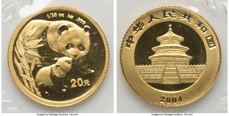 People's Republic gold Panda 20 Yuan (1/20 oz) 2004 UNC, KM1529. Sold in mint-is...