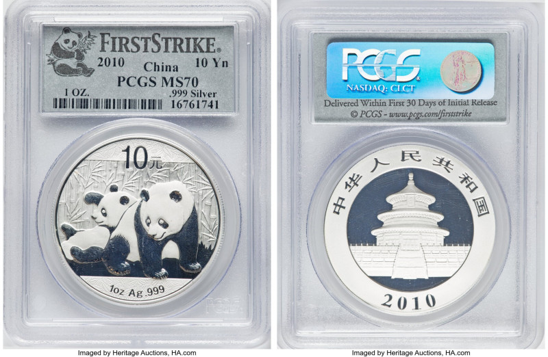 People's Republic 3-Piece Lot of Certified Panda 10 Yuans PCGS, 1) 10 Yuan 2010 ...