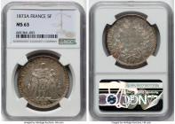 Republic 5 Francs 1873-A MS63 NGC, Paris mint, KM820.1. A light dusting of golden tone decorates the legends of this Choice Mint State piece showcasin...