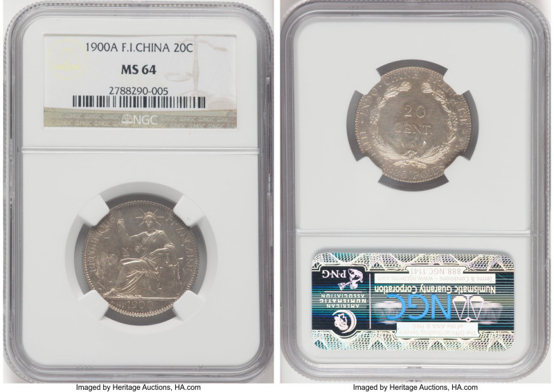 French Colony 20 Cents 1900-A MS64 NGC, Paris mint, KM10. Blessed with a most ap...