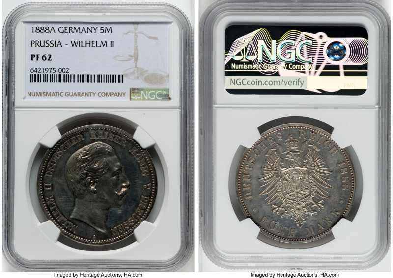 Prussia. Wilhelm II Proof 5 Mark 1888-A PR62 NGC, Berlin mint, KM513. Showcasing...