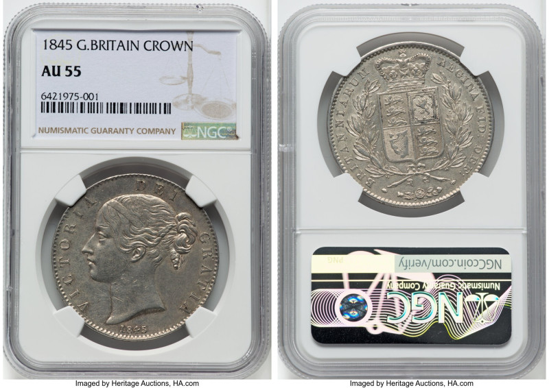Victoria Crown 1845 AU55 NGC, KM741, S-3882. An early and ever-collectible Crown...