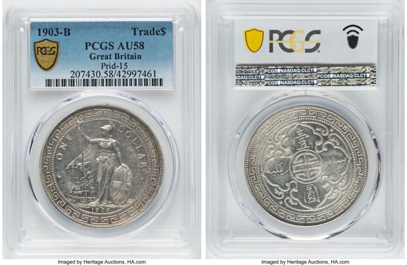 Edward VII Trade Dollar 1903-B AU58 PCGS, Bombay mint, KM-T5, Prid-15. A light p...