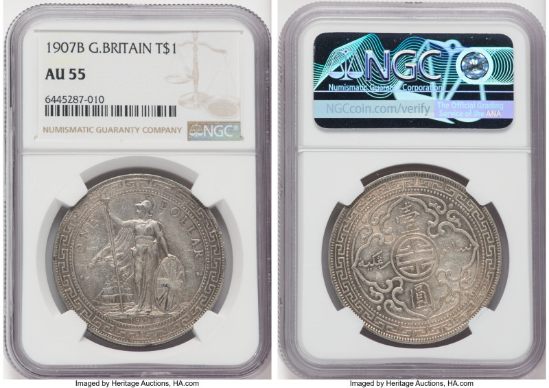 Edward VII Trade Dollar 1907-B AU55 NGC, Bombay mint, KM-T5, Prid-17. Highly lus...