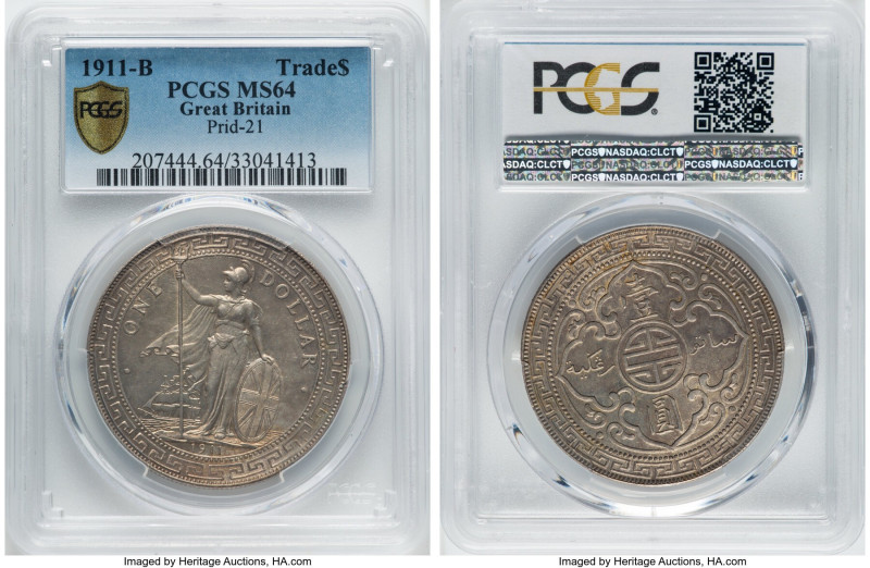 George V Trade Dollar 1911-B MS64 PCGS, Bombay mint, KM-T5, Prid-21. A fully Cho...