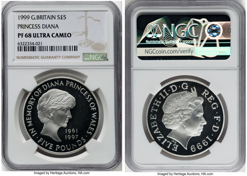 Elizabeth II silver Proof "Princess Diana Memorial" 5 Pounds 1999 PR68 Ultra Cam...