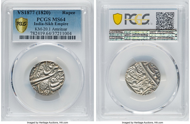 Sikh Empire. Ranjit Singh Rupee VS 1877 (1820) MS64 PCGS, Amritsar mint, KM20.1....