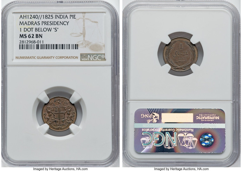 British India. Madras Presidency Pie AH 1240 (1825) MS62 Brown NGC, KM428. One d...