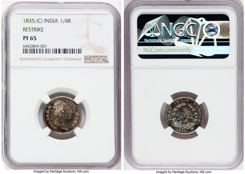 British India. William IV Proof Restrike 1/4 Rupee 1835.-(c) PR65 NGC, Calcutta ...