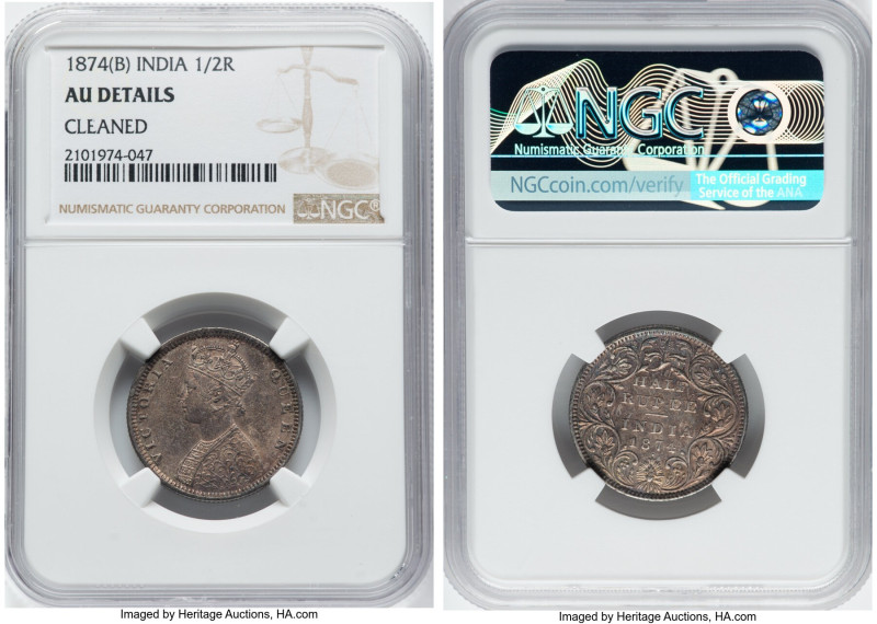 British India. Victoria 1/2 Rupee 1874-(b) AU Details (Cleaned) NGC, Bombay mint...