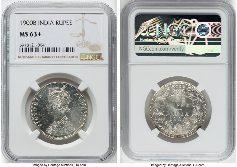 British India. Victoria Rupee 1900-B MS63+ NGC, KM492. Type A Bust, Type I Rever...