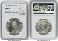 British India. Victoria Rupee 1900-B MS63+ NGC, KM492. Type A Bust, Type I Reverse. Showcasing multi-point cartwheel luster across frosty, argent expa...
