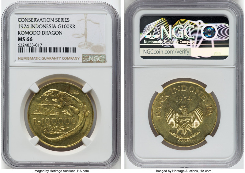 Republic gold "Komodo Dragon" 100000 Rupiah 1974 MS66 NGC, KM41, Fr-6. Mintage: ...