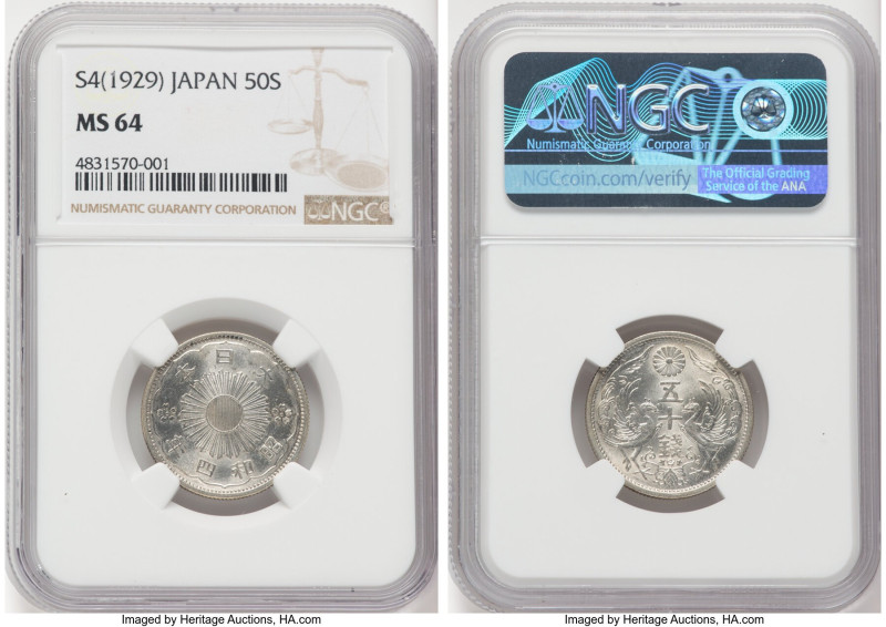 Showa 50 Sen Year 4 (1929) MS64 NGC, KM-Y50. Among the scarcer dates in Mint Sta...