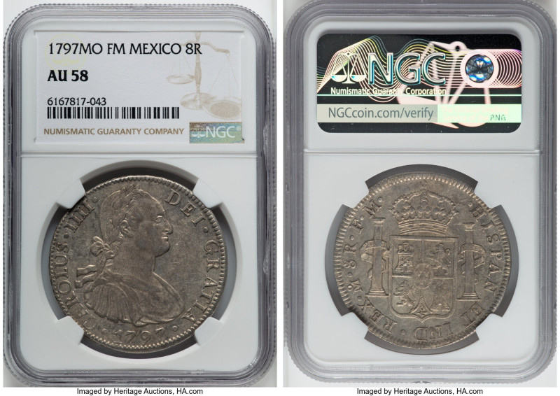 Charles IV 8 Reales 1797 Mo-FM AU58 NGC, Mexico City mint, KM109. Borderline Min...