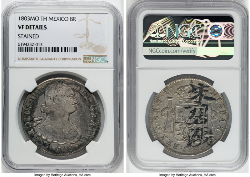 Charles IV 8 Reales 1803 Mo-TH VF Details (Stained) NGC, Mexico City mint, KM109...