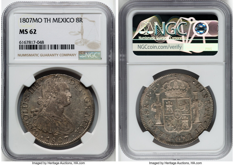 Charles IV 8 Reales 1807 Mo-TH MS62 NGC, Mexico City mint, KM109. A handsome, bo...