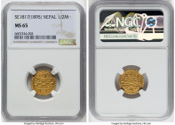 Shah Dynasty. Prithvi Bir Vikram Shah 1/2 Mohur SE 1817 (1895) MS65 NGC, KM-672.2, Fr-18. A scintillating Gem with generous eye-appeal and hearty ambe...