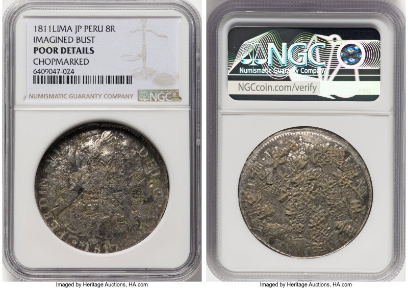 Ferdinand VII 8 Reales 1811 LM-JP Poor Details (Chopmarked) NGC, Lima mint, KM10...