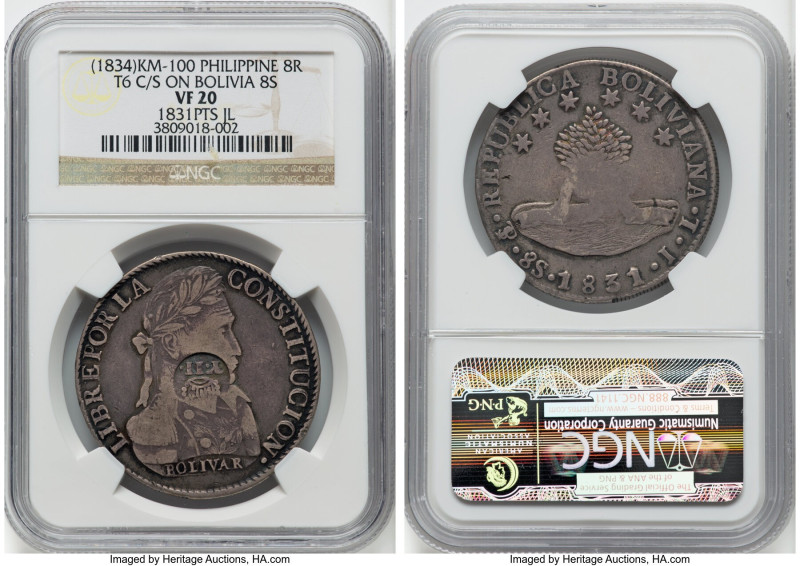 Spanish Colony. Isabel II Counterstamped 8 Reales ND (1834-1837) VF20 NGC, KM100...