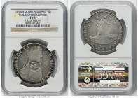 Spanish Colony. Isabel II Counterstamped 8 Reales ND (1834-1837) F12 NGC, KM100, Basso-56. Host: Bolivia 8 Soles 1835 PTS-LM (cf. KM97); Counterstamp:...