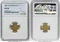 Spanish Colony. Isabel II gold Peso 1861 AU58 NGC, Manila mint, KM142, Fr-3. A delightful buttery treasure with traces of luster twinkling in the lege...